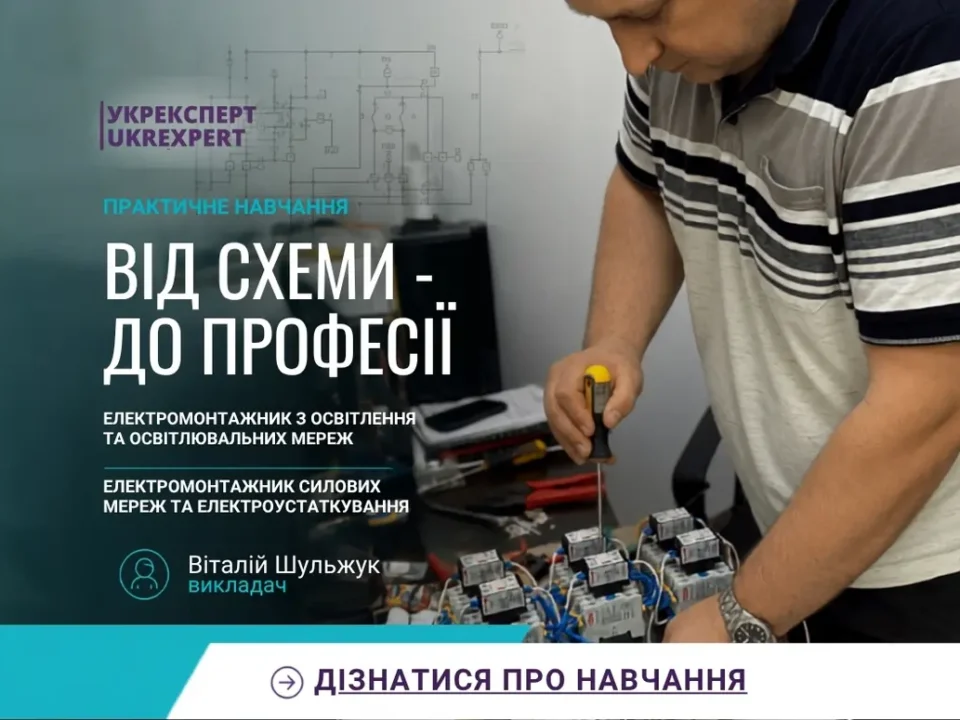 Викладач Віталій Шульжук. Практичне навчання електромонтажників у НВЦ «Укрексперт»: викладач демонструє складання електричної схеми на навчальному стенді